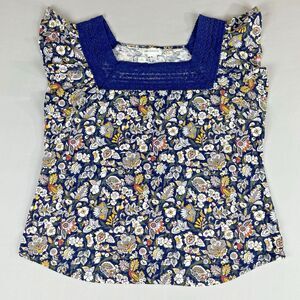 Liz Claiborne Blouse Top Cap Sleeve Women's XL Navy Lace Floral Print Cottage